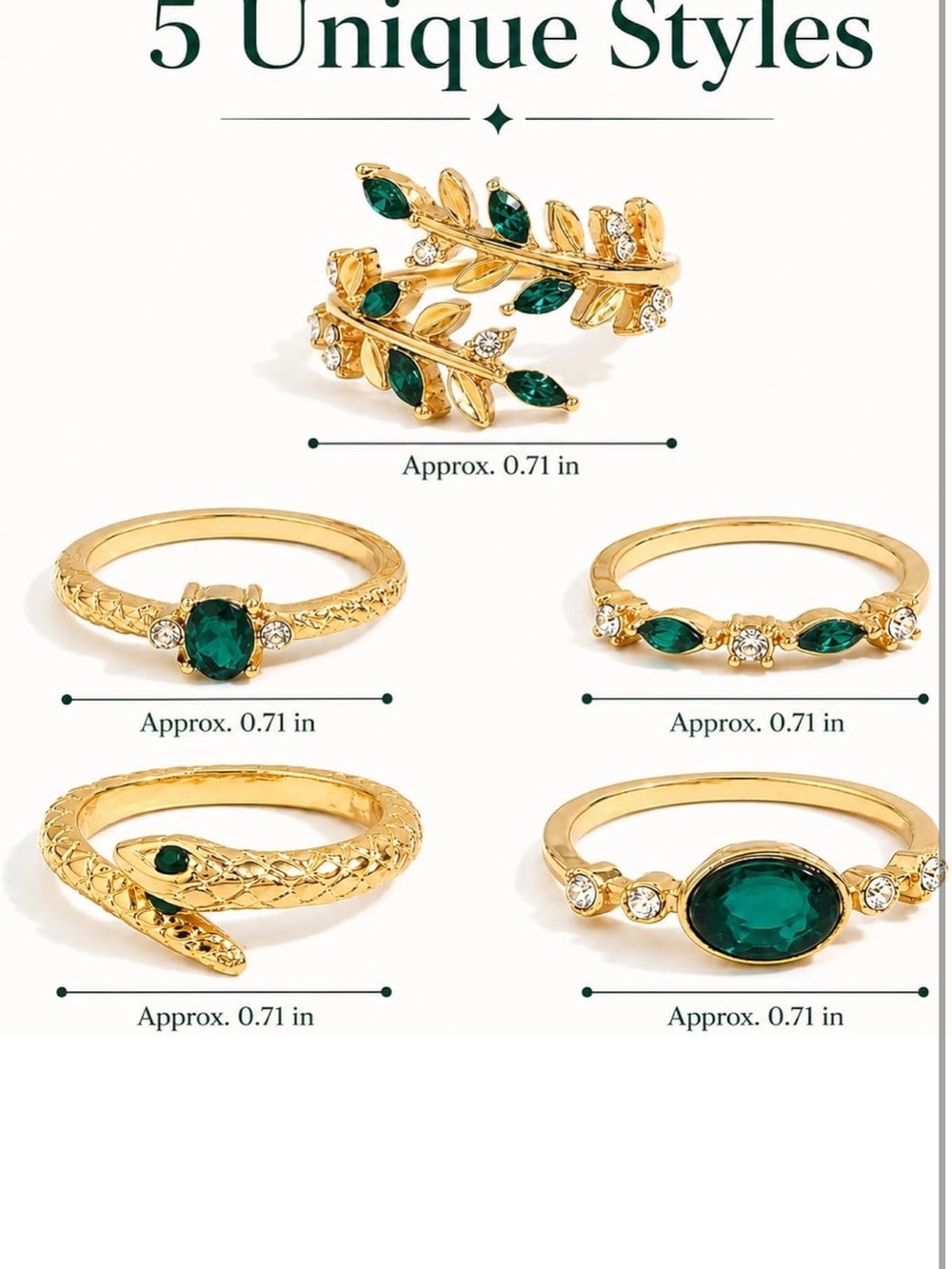 Anthropologie Gold Leaf & Emerald Green Stackable Ring Set - Picture 3 of 6
